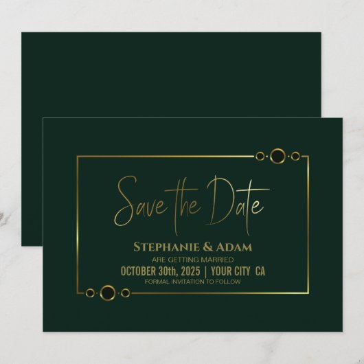 Save The Date Vert moderne avec cadre or Mariage Enregistrer la (Devant / Derrière)