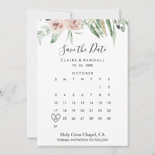 Save The Date Vert rose bleu floral Enregistrer le calendrier de (Devant)