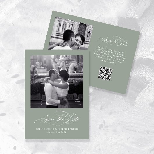 Save The Date Vert sage | Italien Elegance Two Photo QR Code