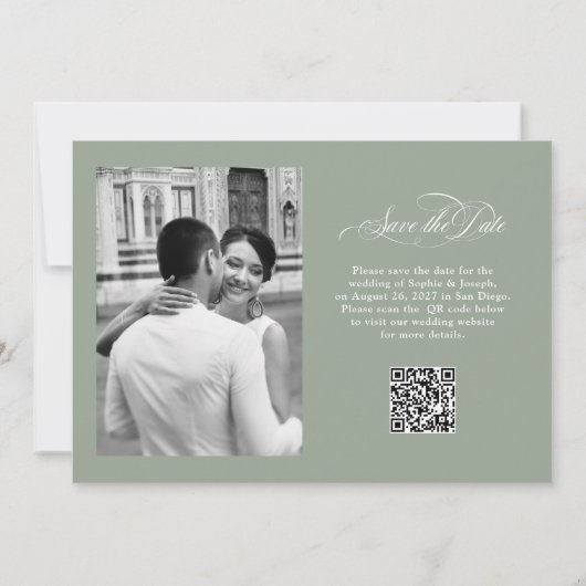Save The Date Vert sage | Italien Elegance Two Photo QR Code (Dos)