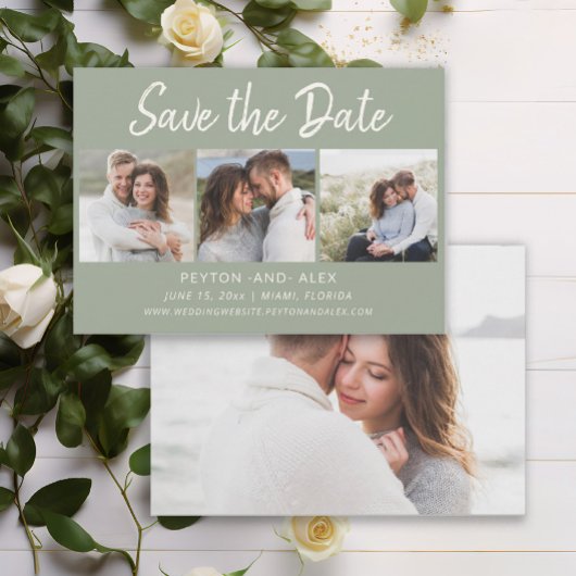 Save The Date Vert sauge 4-Photo 2 Faces Mariage Enregistrer la 