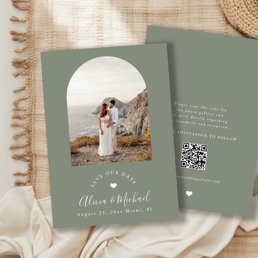 Save The Date Vert sauge boho arche moderne code QR photo mariag