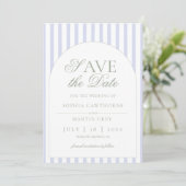 Save The Date Vert sauge & élégant classique rayé bleu (Debout devant)