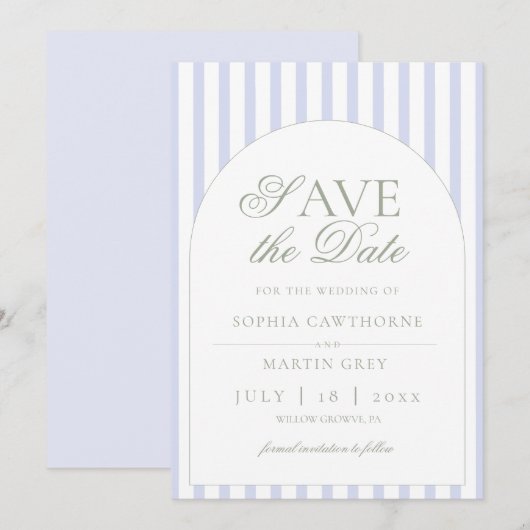Save The Date Vert sauge & élégant classique rayé bleu (Devant / Derrière)