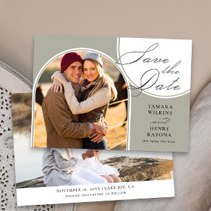 Save The Date Vert sauge Photo Mariage Calligraphié en Arc