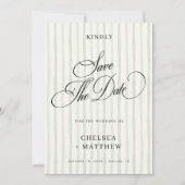 Save The Date Vert sauge rayé classique script et photo mariage (Devant)