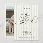 Save The Date Vert sauge rayé classique script et photo mariage (Devant / Derrière)