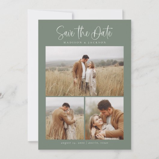 Save The Date Vert Simple Calligraphie Script Moderne Quatre Pho (Devant)