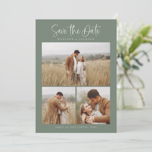 Save The Date Vert Simple Calligraphie Script Moderne Quatre Pho (Debout devant)