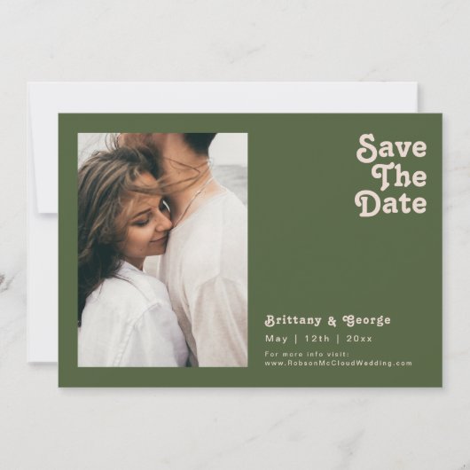 Save The Date Vibes rétro simples | Olive Green Photo horizontal (Devant)