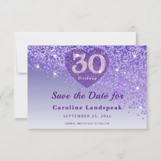 Save The Date Vibrant 30th Birthday Purple Glitter Frosted Heart