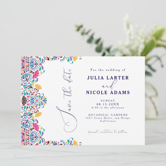 Save The Date Vibrant mexicaine Fiesta Style Mariage arc-en-ciel (Debout devant)