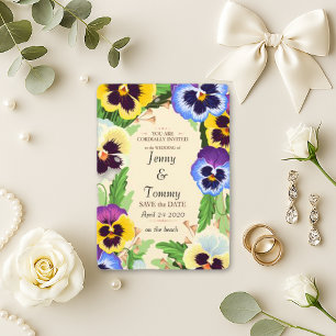 Save The Date Vibrant violet jaune Pansy Beach Mariage