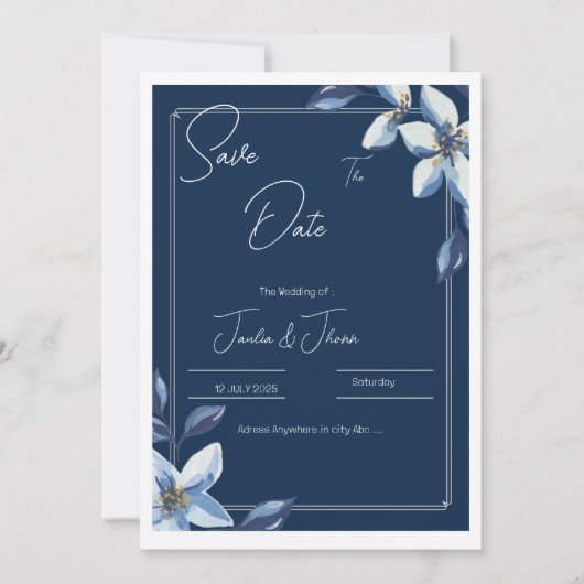 Save The Date Victorian Bleu Floral Bleu Poussiéreux Mariage Sau (Devant)