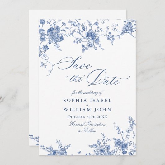 Save The Date Victorian Blue Floral Mariage code QR Enregistrer (Devant / Derrière)