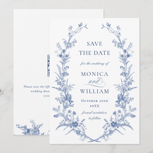 Save The Date Victorian Dusty Blue French Garden Floral Mariage (Devant / Derrière)