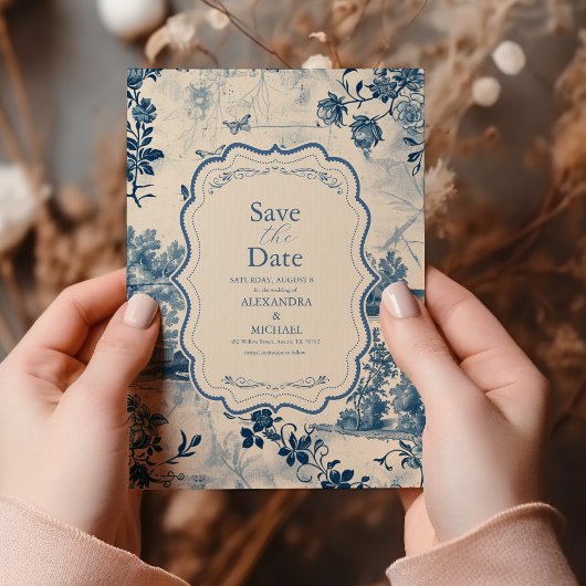 Save The Date Victorian Dusty Blue French Toile Mariage