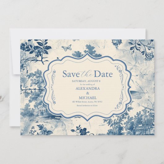 Save The Date Victorian Dusty Blue French Toile Mariage (Devant)