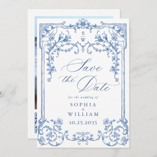 Save The Date Victorian Ornate Grace Floral Blue Mariage Photo (Devant / Derrière)