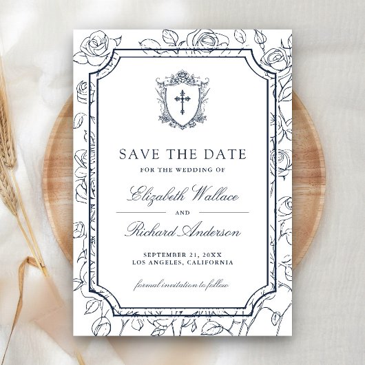 Save The Date Victorian White and Navy Blue Catholic Wedding