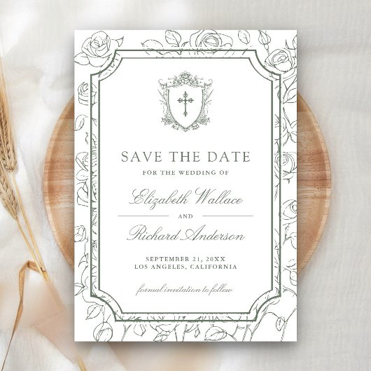 Save The Date Victorian White and Sage Green Catholic Wedding
