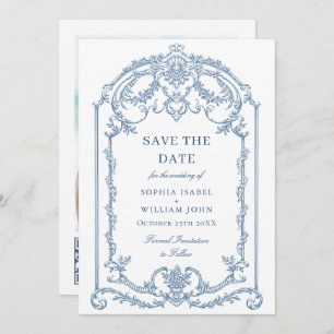 Save The Date Victorien Ornate Grace Floral Dusty Mariage bleu