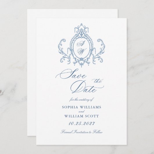 Save The Date Victorien Ornate Grace Floral Dusty Mariage bleu (Devant / Derrière)