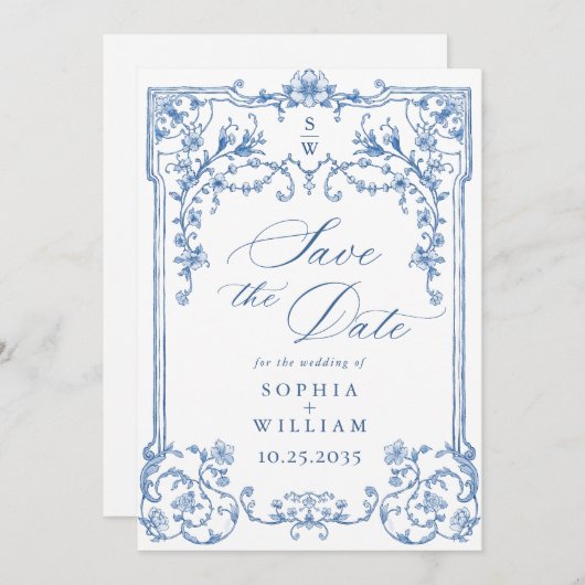 Save The Date Victorien Ornate Grace Floral Dusty Mariage bleu (Devant / Derrière)