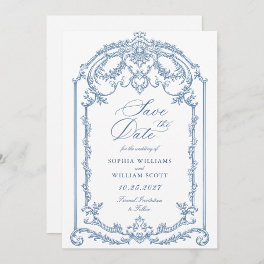 Save The Date Victorien Ornate Grace Floral Dusty Mariage bleu (Devant / Derrière)