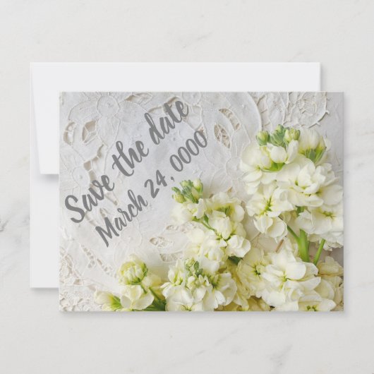 Save The Date Vieille dentelle avec fleurs blanches (Devant)