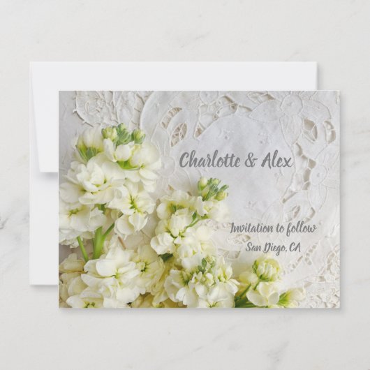 Save The Date Vieille dentelle avec fleurs blanches (Dos)