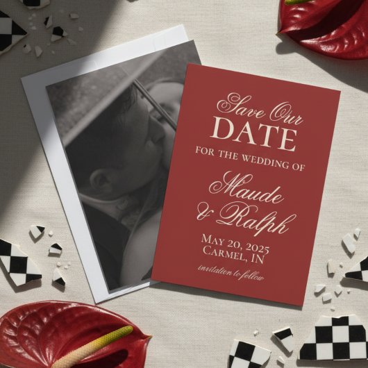 Save The Date Vieux argent Gras Rouge photo mariage Enregistrer 