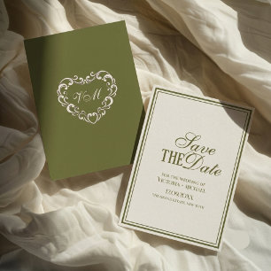 Save The Date Vieux Argent Vert Olive Ivoire Luxe Mariage