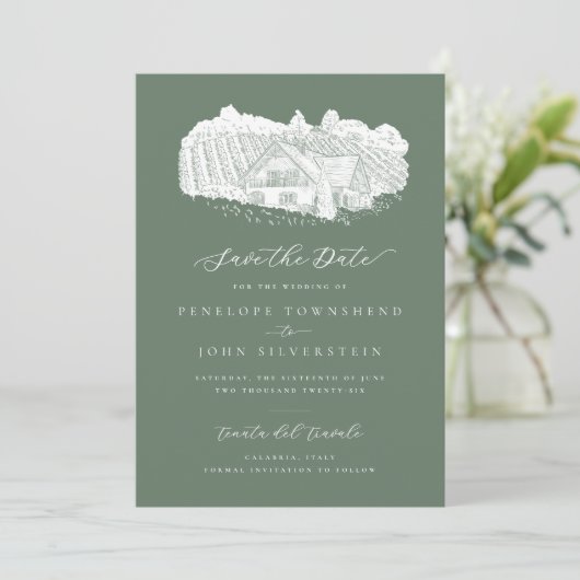 Save The Date Vignoble rustique Illustration Sage Mariage vert (Debout devant)
