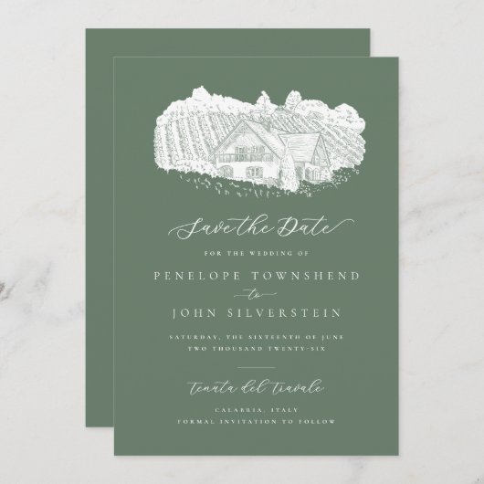 Save The Date Vignoble rustique Illustration Sage Mariage vert (Devant / Derrière)