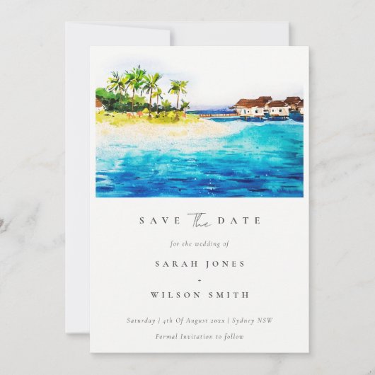 Save The Date Villa sur l'eau tropicale paysage de plage palmier (Devant)
