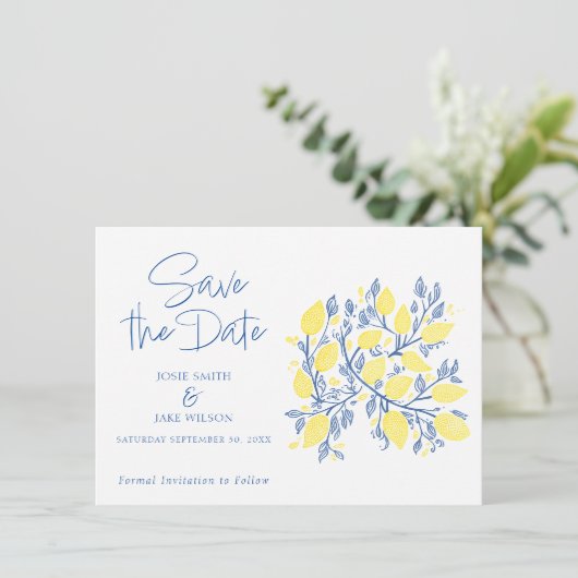 Save The Date Vins de citron bleu et jaune Sauvegarder la date (Debout devant)
