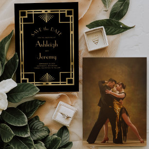Save The Date Vintage 1920s Déco Black Gold Photo Mariage