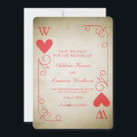 Save The Date Vintage As of Hearts Enregistrer la date<br><div class="desc">Un vintage amusant et unique enregistrer la date conçue pour ressembler à un vieil as de coeurs jouant carte avec votre initial. Notez que votre initiale se trouve également sur le dos.</div>