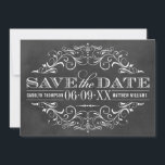 Save The Date Vintage Black Chalkboard Mariage<br><div class="desc">Des tourbillons décoratifs et des fioritures encadrent cet élégant mariage d'inspiration vintage,  sauvegardez la conception de la carte de date avec des détails supplémentaires sur le côté arrière. Tableau noir rustique,  texturé arrière - plan look avec design blanc.</div>