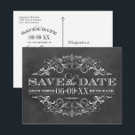 Save The Date Vintage Black Chalkboard Mariage<br><div class="desc">Des tourbillons décoratifs et des fioritures encadrent ce mariage d'inspiration vintage et élégante,  à l'exception du design de la carte de date. Arrière - plan de style tableau noir texturé avec modèle de couleur craie blanche.</div>