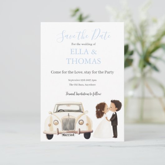 Save The Date Vintage Car Bride & Groom Lavender (Debout devant)