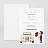 Save The Date Vintage Car Bride & Groom Lavender (Devant / Derrière)