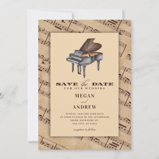 Save The Date Vintage classique piano mariage (Devant)