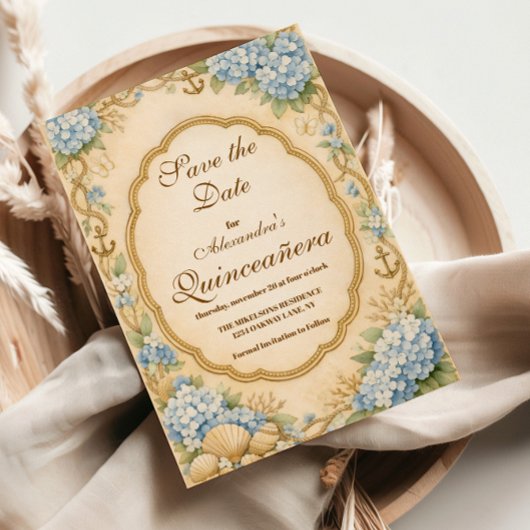 Save The Date Vintage Coastal Hydrangea Quinceañera