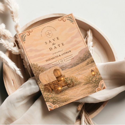 Save The Date Vintage Covered Wagon Meadow Wedding