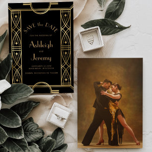 Save The Date Vintage Déco Cadre Black Gold Photo Mariage