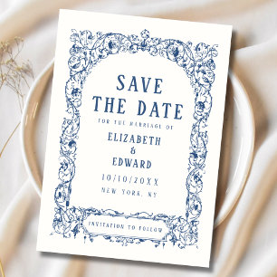 Save The Date Vintage élégant Floral Blue Mariage plat