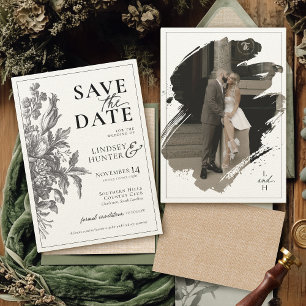 Save The Date Vintage Floral Noir et Ecru Mariage botanique