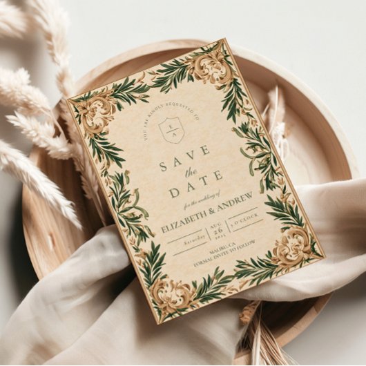 Save The Date Vintage Green Botanical Wedding